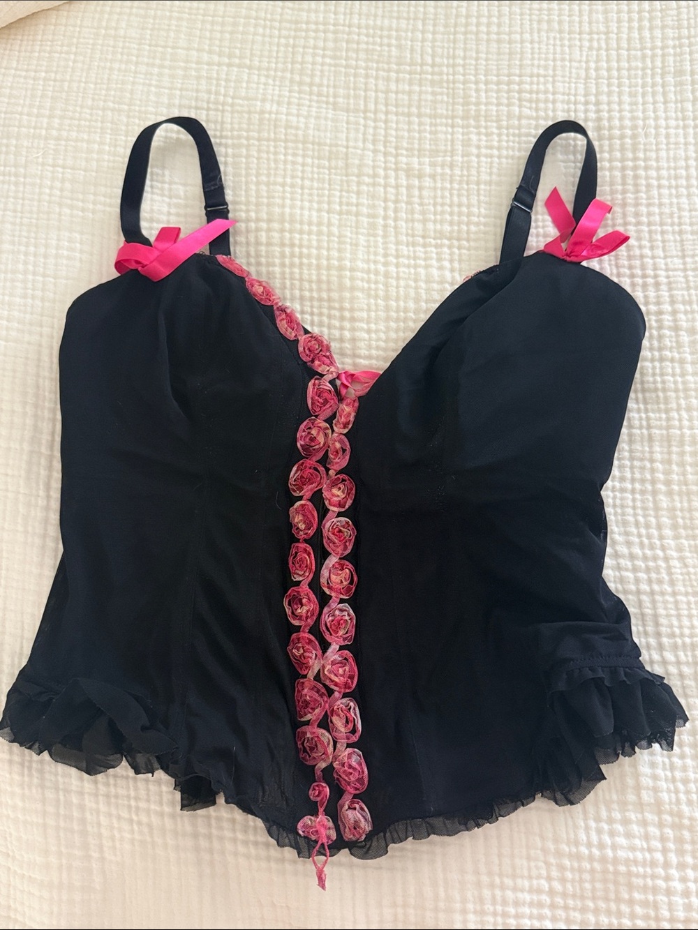 Black Women’s Floral-Trim Bustier Top with Pink Accents
